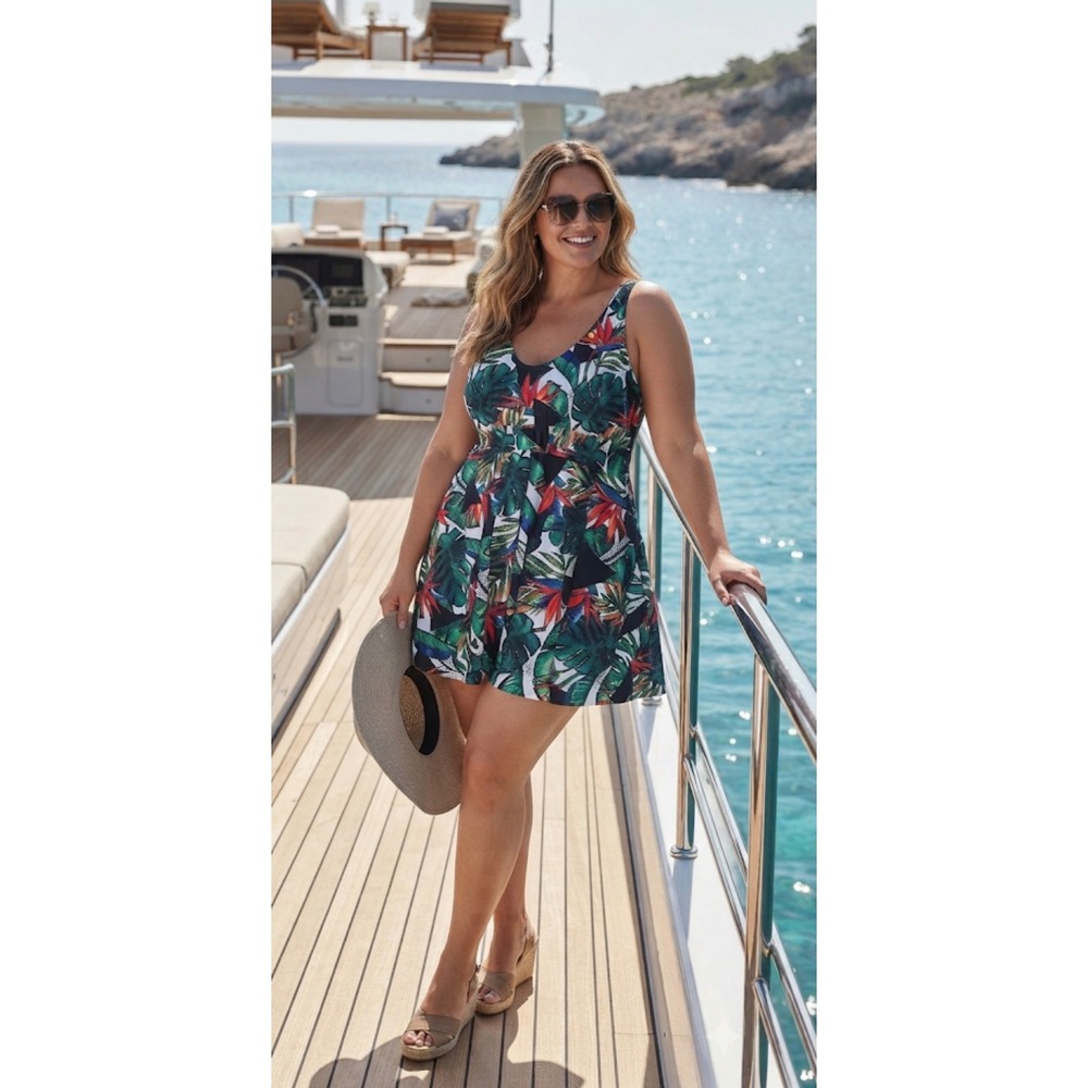 NWOT Rosegal Tropical Leaves Plus Size Green Red‎ and Blue Print Swim Dress 2X